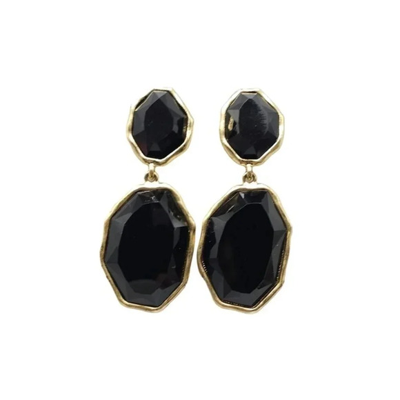 Artist Signed Black Acrylic Dangle Drop Earrings Gold Tone Vintage - Picture 1 of 6